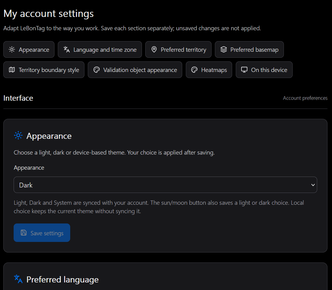 Settings page with section shortcuts