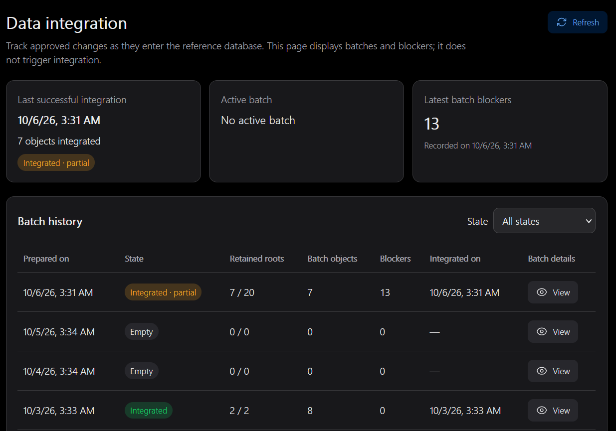Batch list with root counts, a typed blocker and segmentation summary