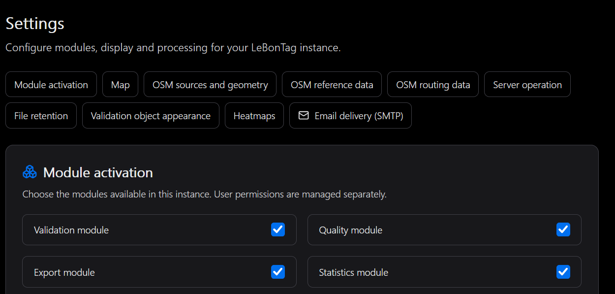 Settings page with section navigation