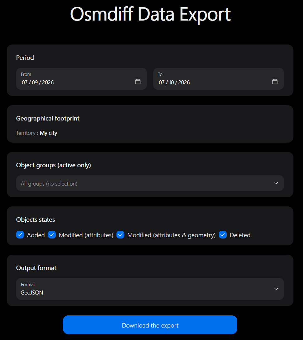 Export form with period, territory, groups, states and format