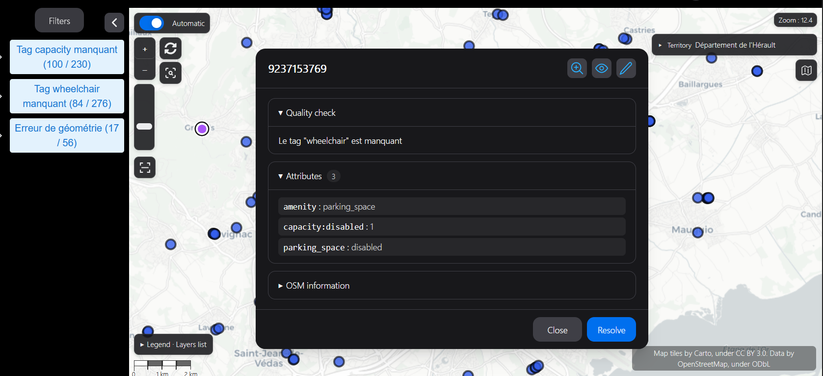 Quality tree with displayed/total counts and an open finding showing rule description, attributes and Resolve.