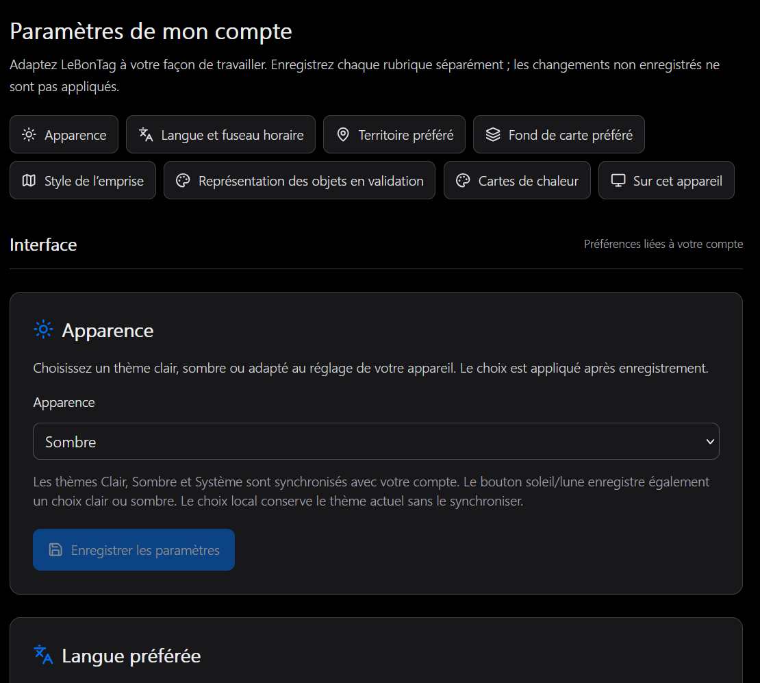 Paramètres avec raccourcis