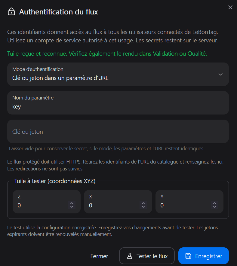 Fenêtre d'authentification et résultat du test