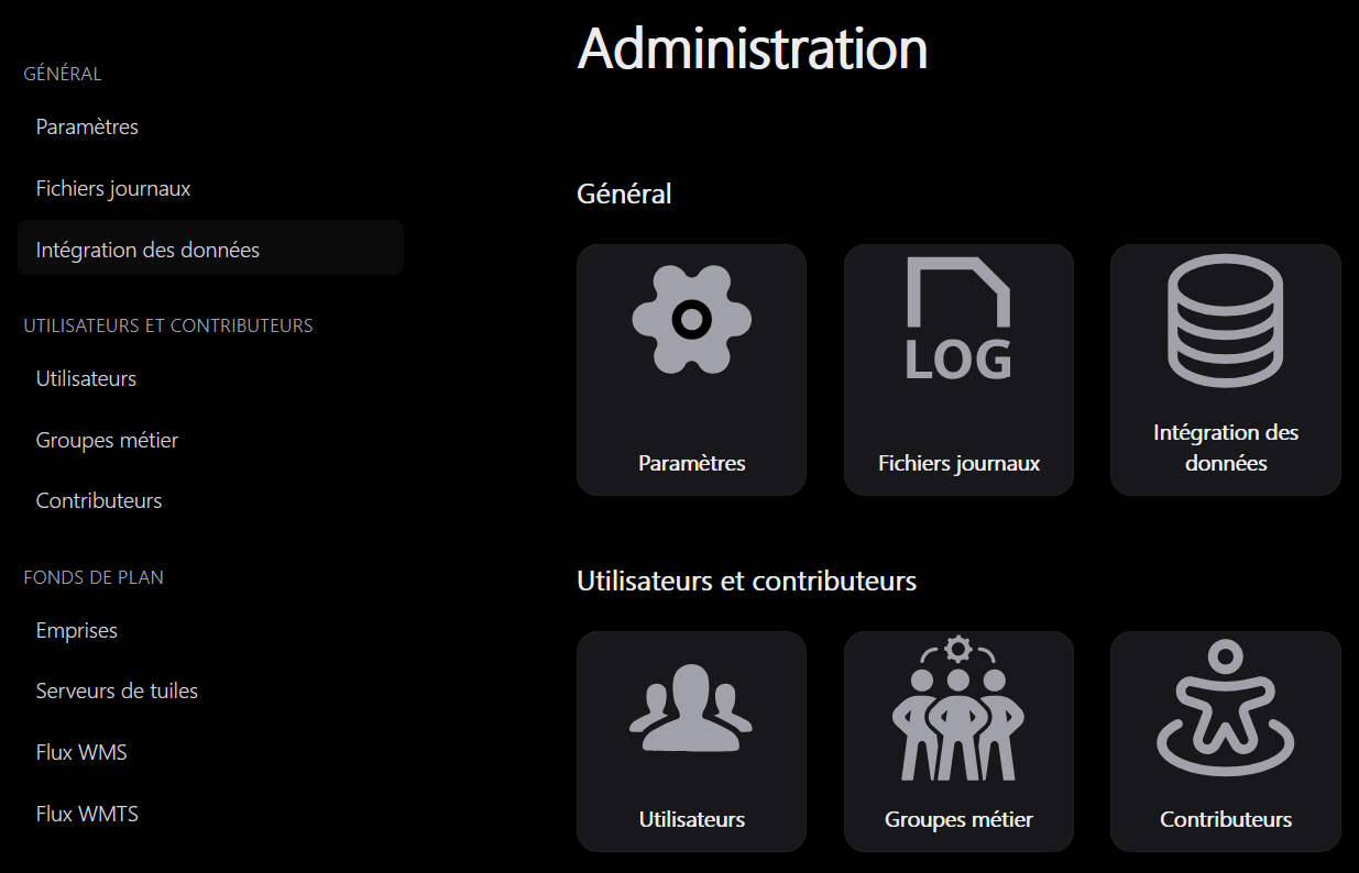 Accueil Administration avec menu latéral