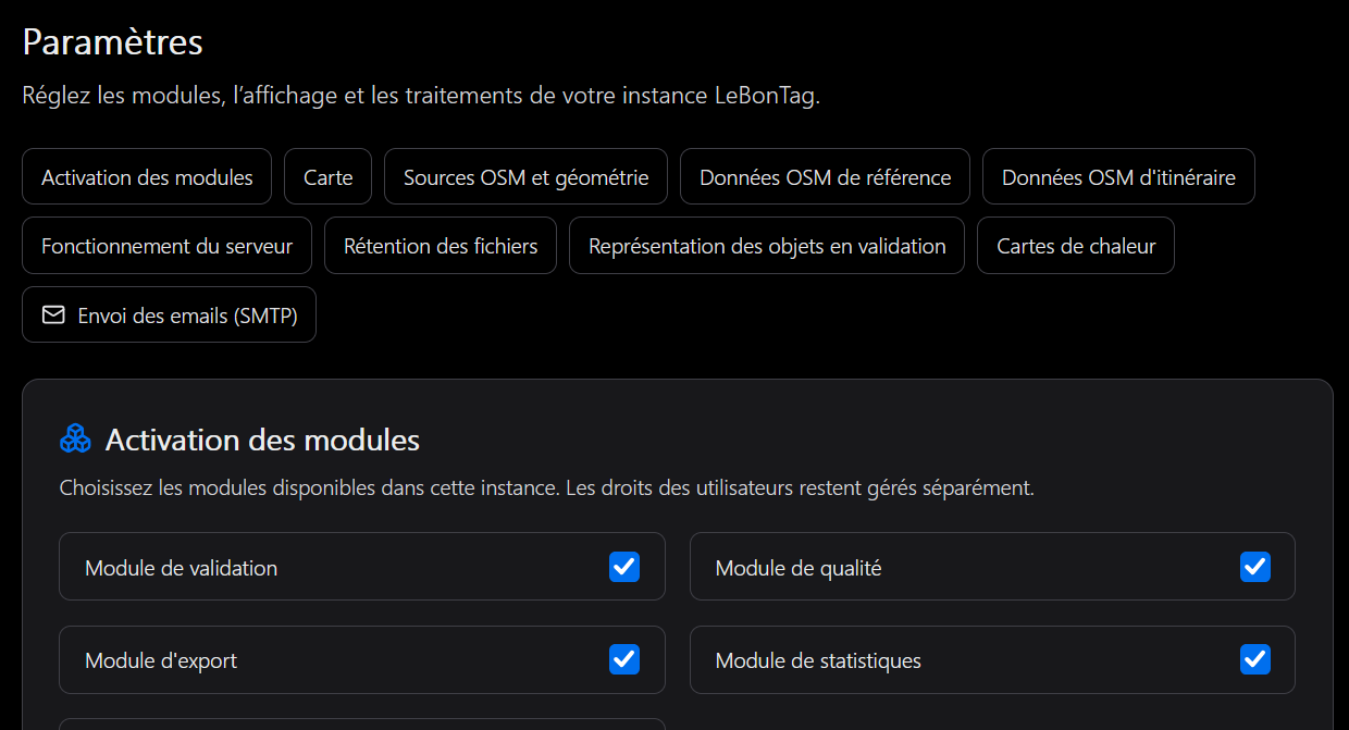 Page Paramètres avec navigation par rubrique