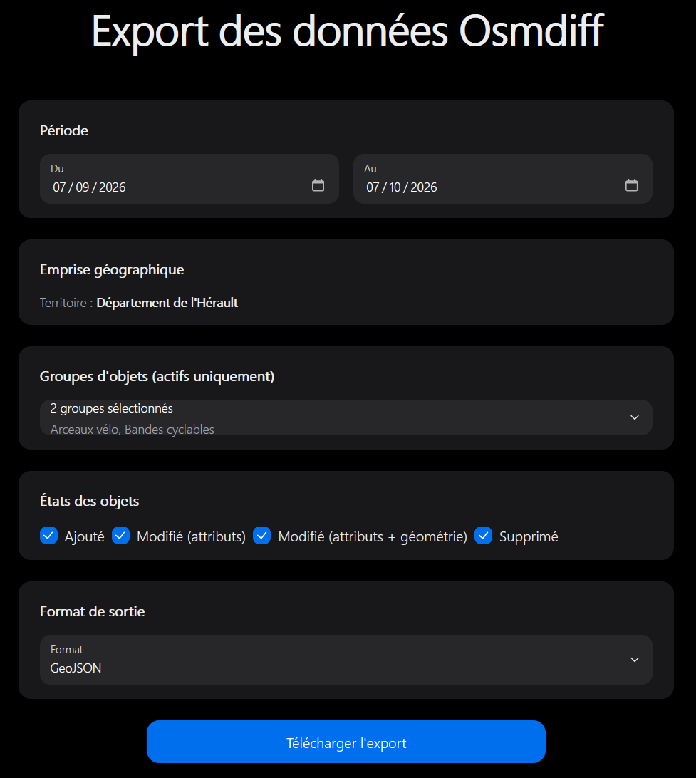 Formulaire Export avec période, territoire, groupes, états et format